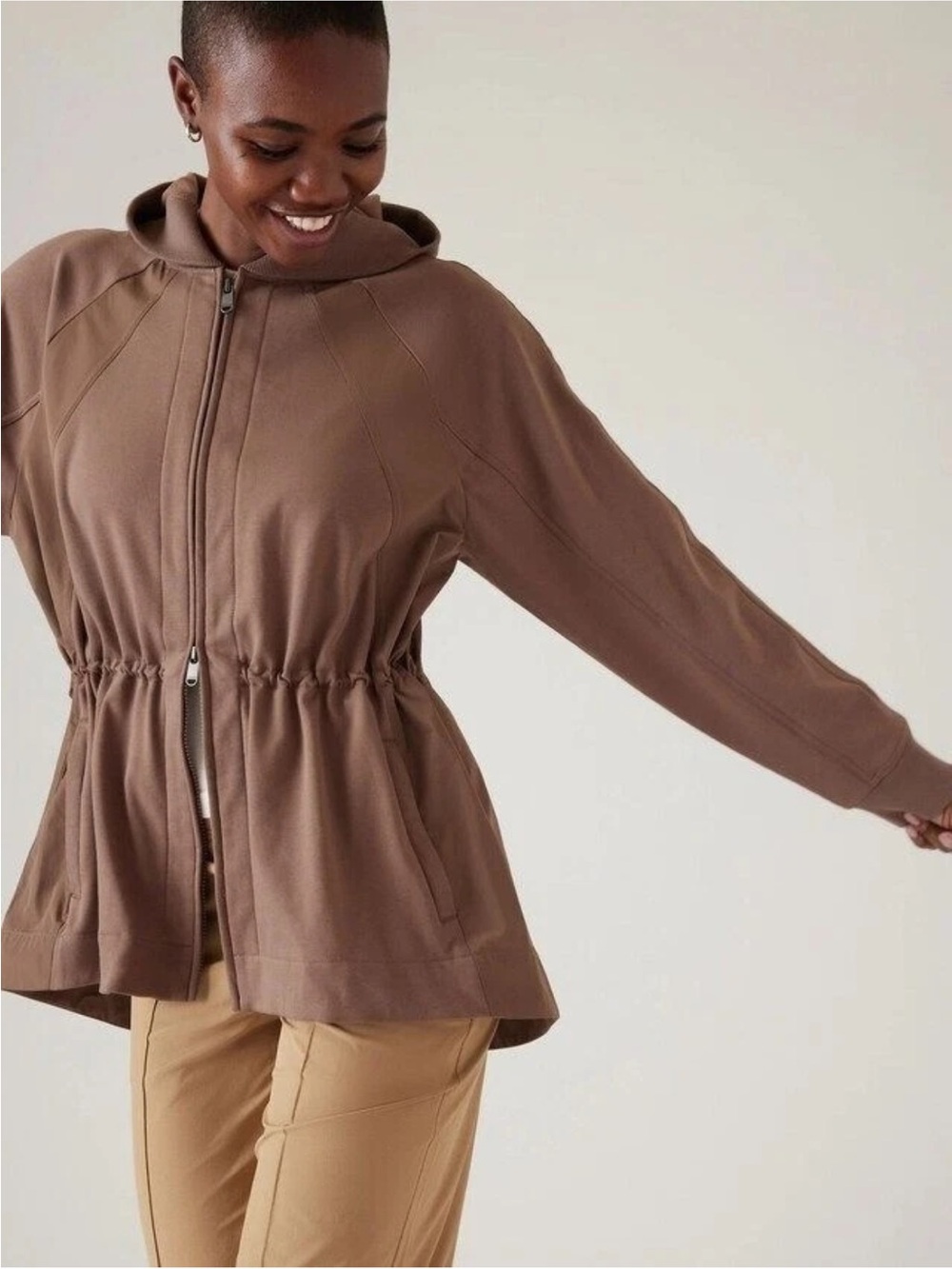 Athleta Triumph Hybrid Hooded Jacket Rustic Beige Women's Small Organic Cotton